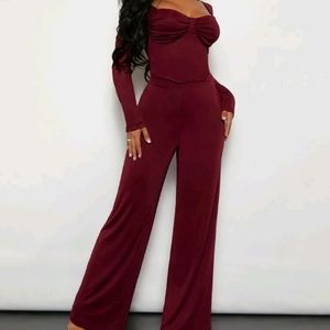 NEW Maroon Wine Red Bust Sexy Top and Pants Set Stretch size S
